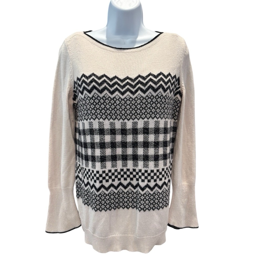 Talbots Fair Isle Sweater M | Beige & Black‎ Metallic Knit Pullover